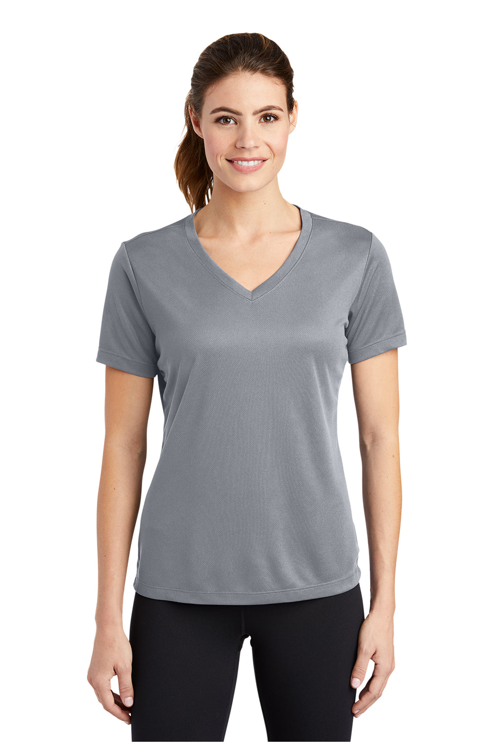 Sport-Tek LST340 Womens RacerMesh Moisture Wicking Short Sleeve V-Neck T-Shirt Silver Grey Model Front