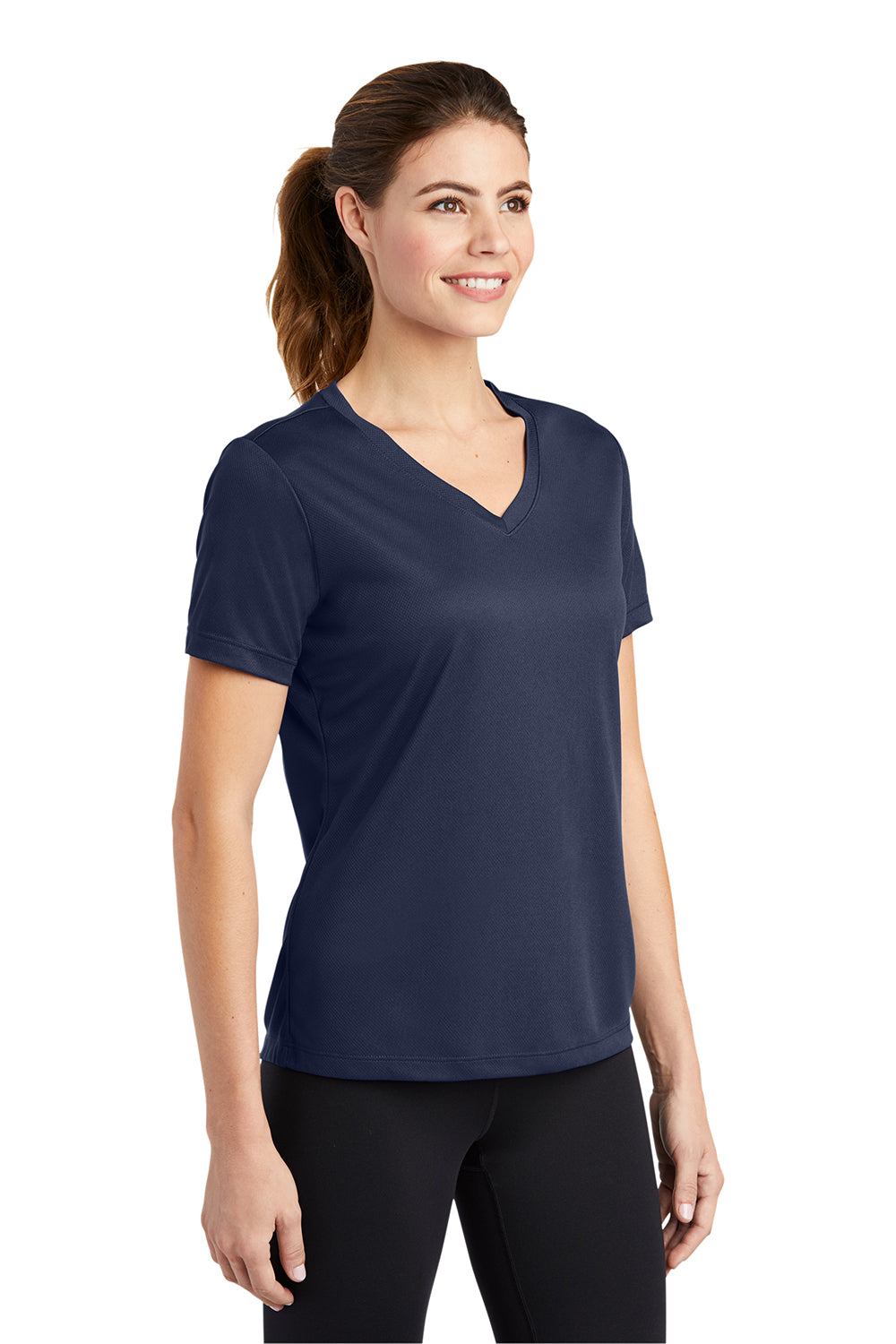 Sport-Tek LST340 Womens RacerMesh Moisture Wicking Short Sleeve V-Neck T-Shirt True Navy Blue Model 3q