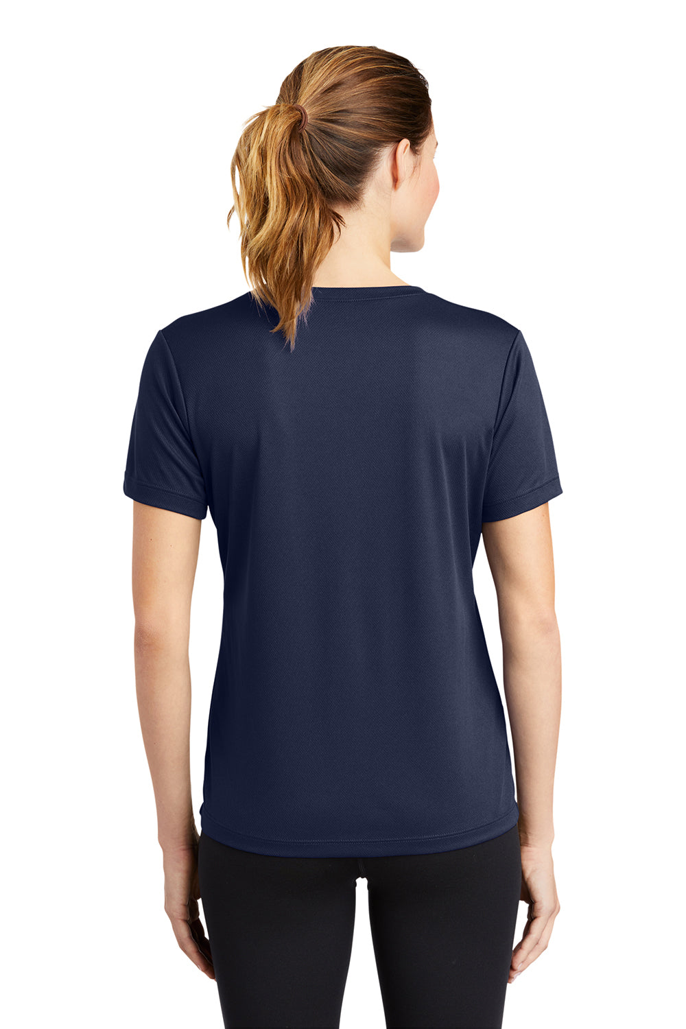 Sport-Tek LST340 Womens RacerMesh Moisture Wicking Short Sleeve V-Neck T-Shirt True Navy Blue Model Back