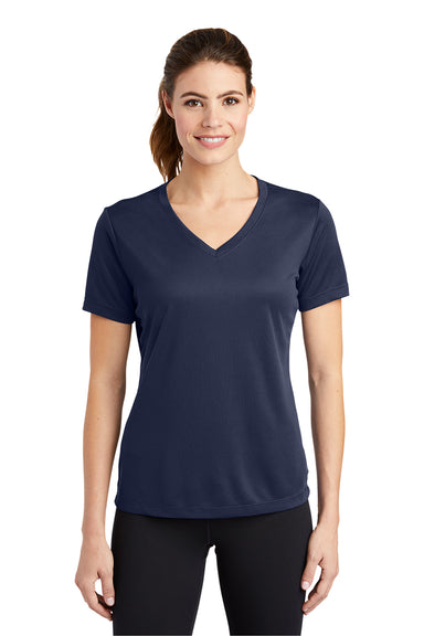 Sport-Tek LST340 Womens RacerMesh Moisture Wicking Short Sleeve V-Neck T-Shirt True Navy Blue Model Front