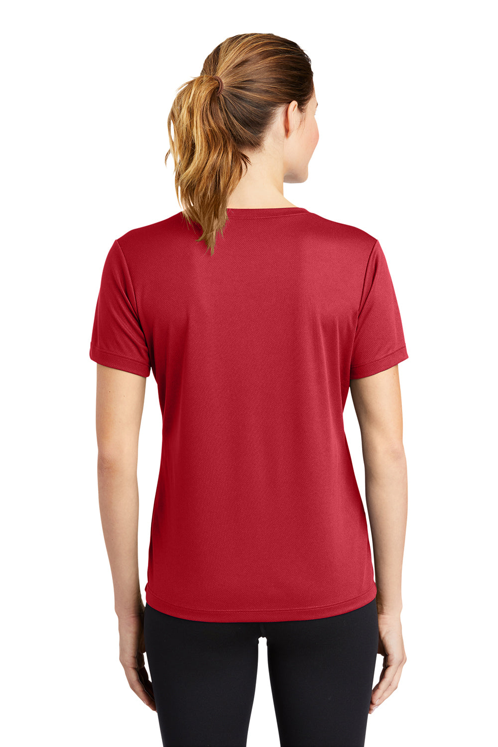 Sport-Tek LST340 Womens RacerMesh Moisture Wicking Short Sleeve V-Neck T-Shirt True Red Model Back