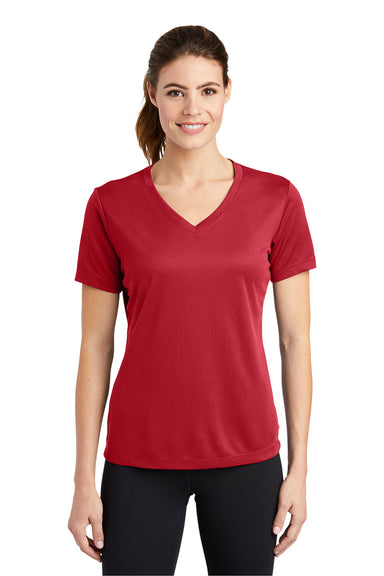 Sport-Tek LST340 Womens RacerMesh Moisture Wicking Short Sleeve V-Neck T-Shirt True Red Model Front