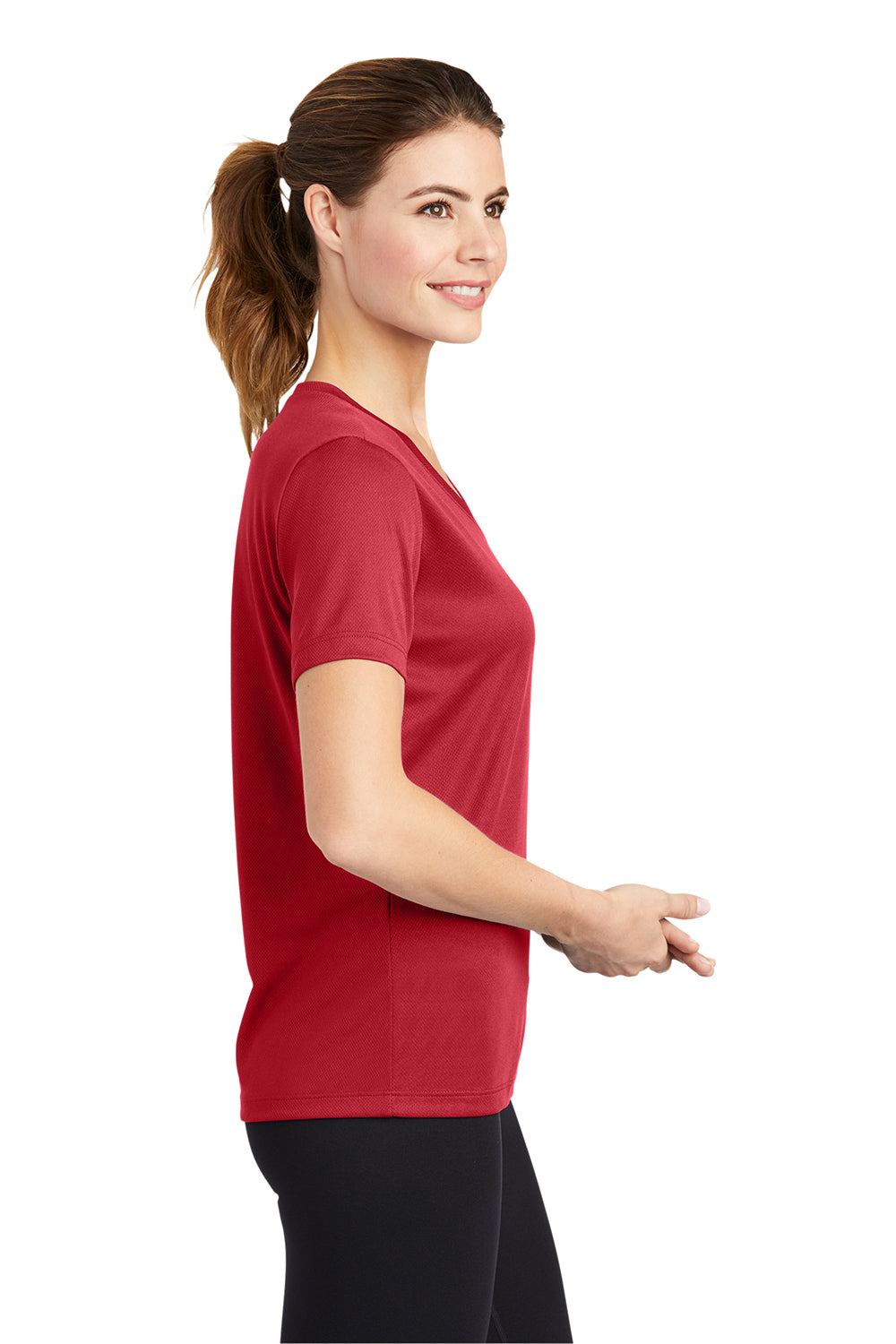 Sport-Tek LST340 Womens RacerMesh Moisture Wicking Short Sleeve V-Neck T-Shirt True Red Model Side