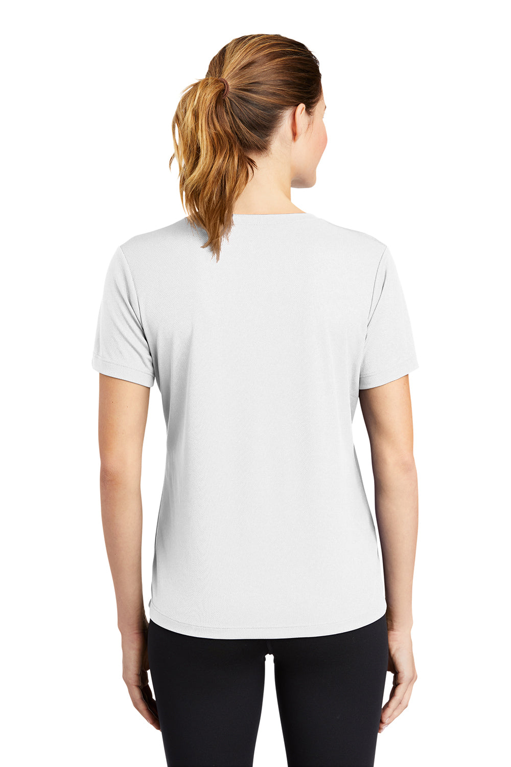 Sport-Tek LST340 Womens RacerMesh Moisture Wicking Short Sleeve V-Neck T-Shirt White Model Back