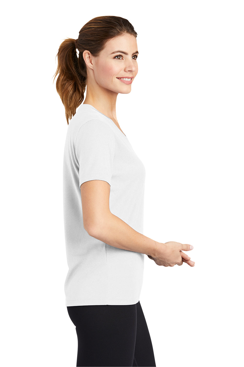 Sport-Tek LST340 Womens RacerMesh Moisture Wicking Short Sleeve V-Neck T-Shirt White Model Side