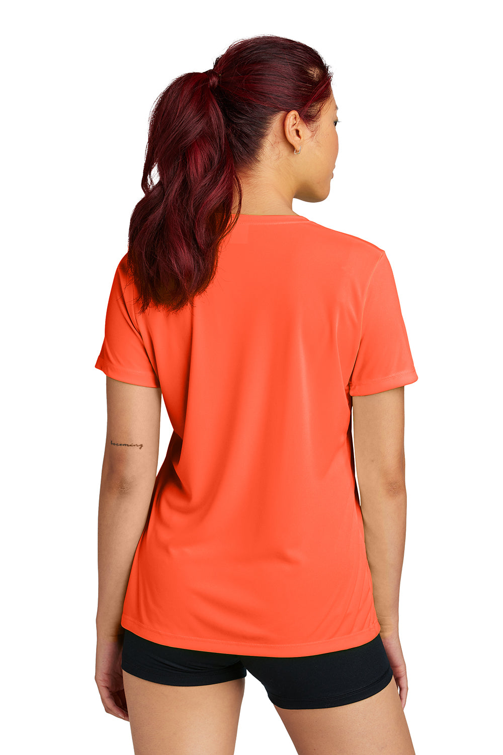 Sport-Tek LST350 Womens Competitor Moisture Wicking Short Sleeve Crewneck T-Shirt Neon Orange Model Back