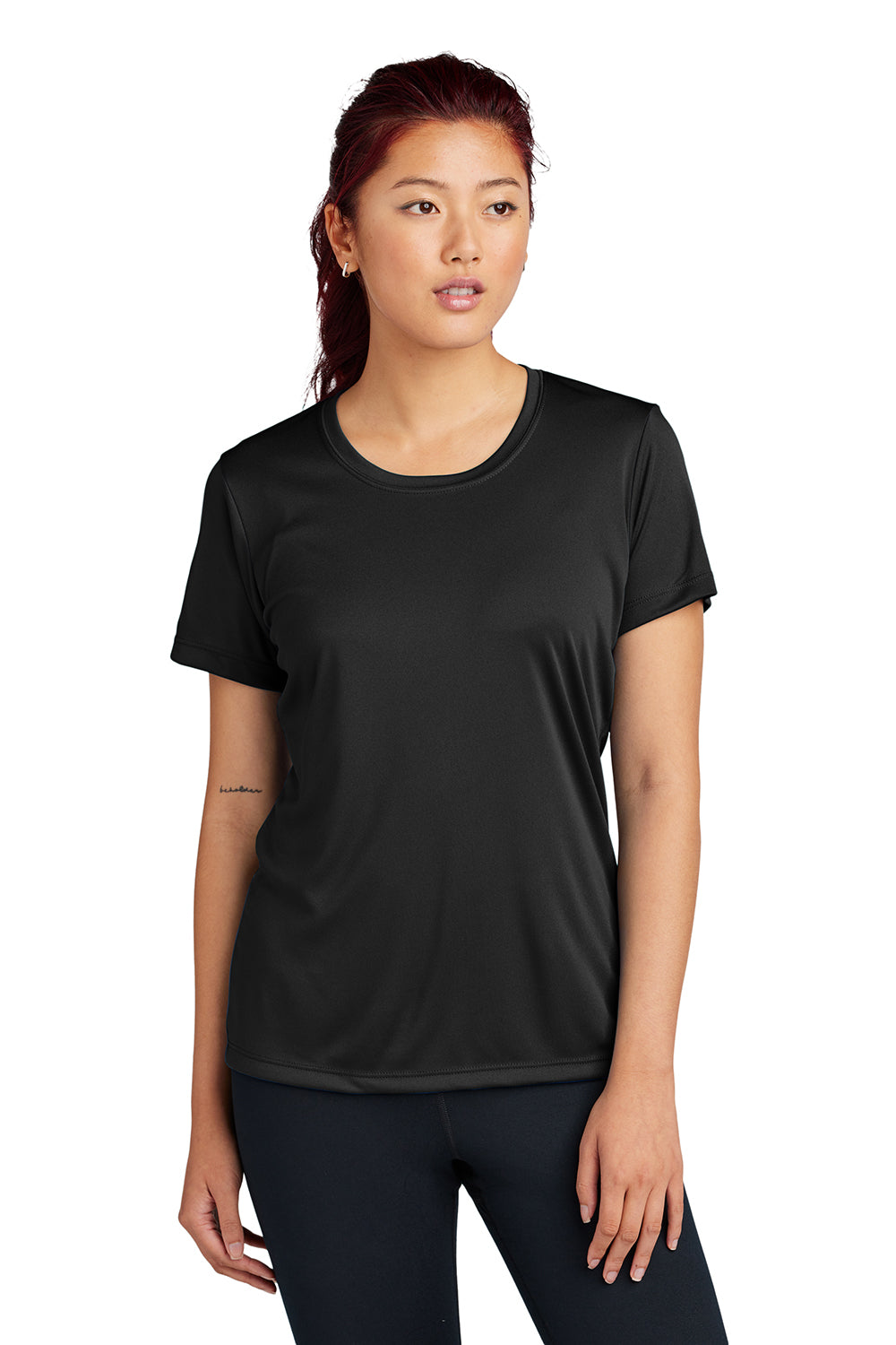 Sport-Tek LST350 Womens Competitor Moisture Wicking Short Sleeve Crewneck T-Shirt Black Model Front