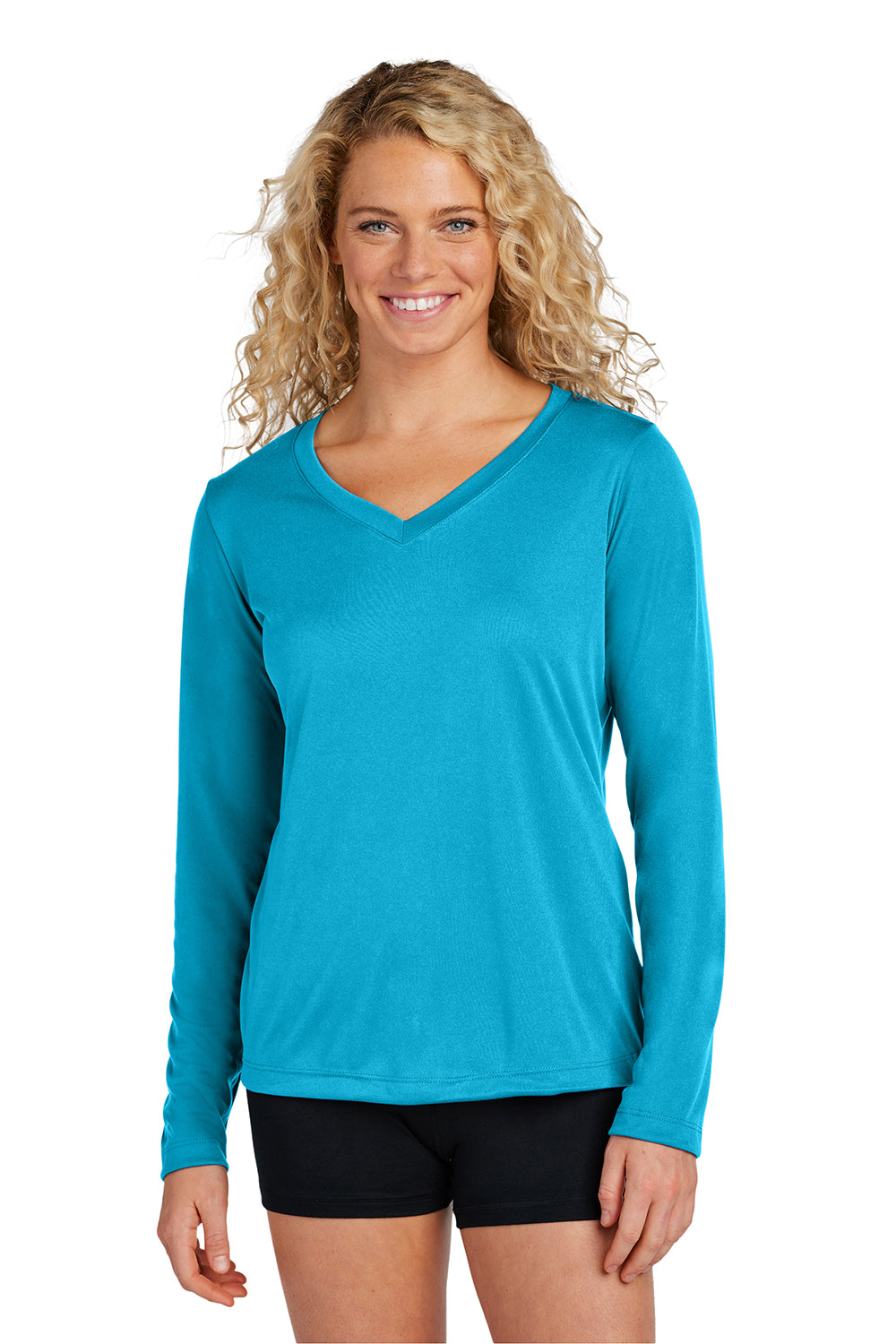 Sport-Tek LST353LS Womens Competitor Moisture Wicking Long Sleeve V-Neck T-Shirt Atomic Blue Model Front