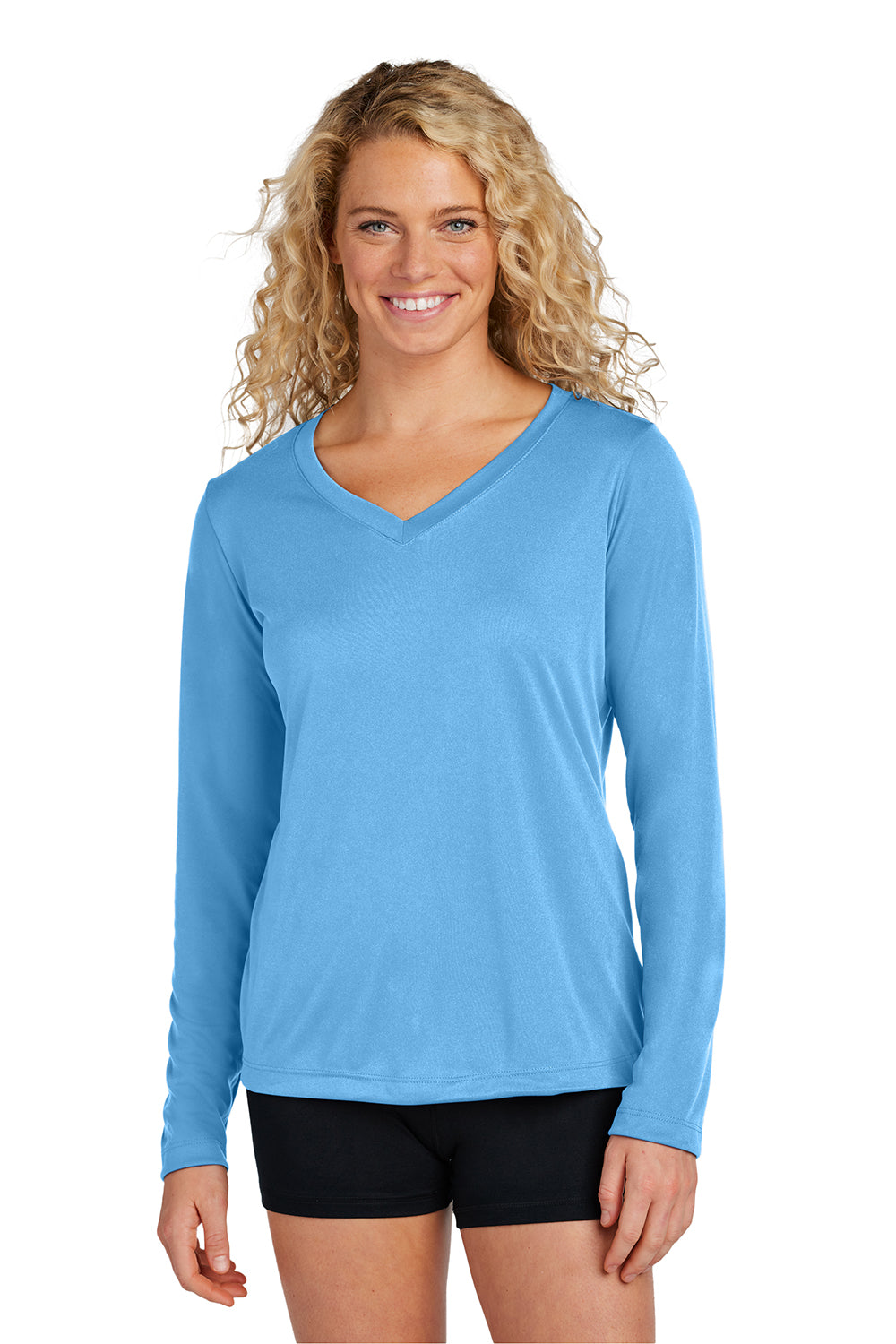 Sport-Tek LST353LS Womens Competitor Moisture Wicking Long Sleeve V-Neck T-Shirt Carolina Blue Model Front