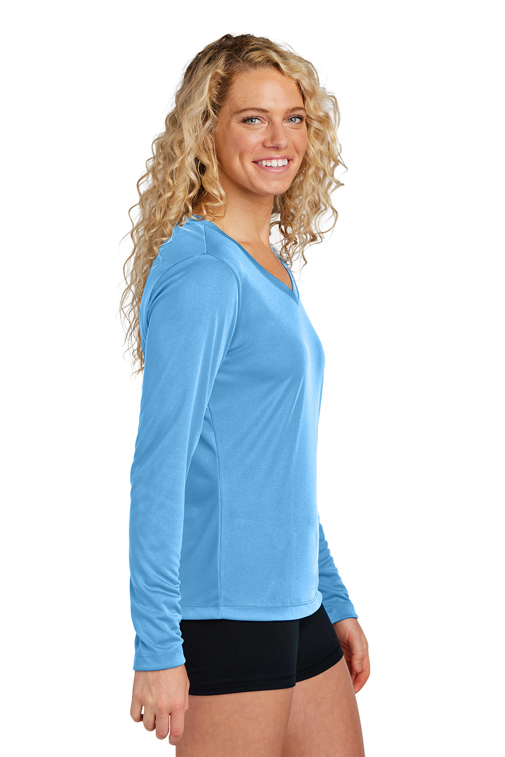 Sport-Tek LST353LS Womens Competitor Moisture Wicking Long Sleeve V-Neck T-Shirt Carolina Blue Model Side