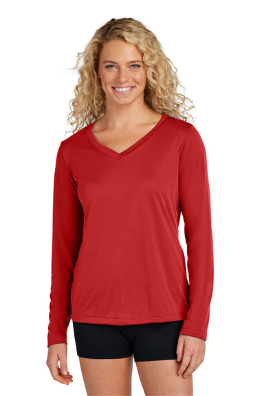 Sport-Tek LST353LS Womens Competitor Moisture Wicking Long Sleeve V-Neck T-Shirt Deep Red Model Front