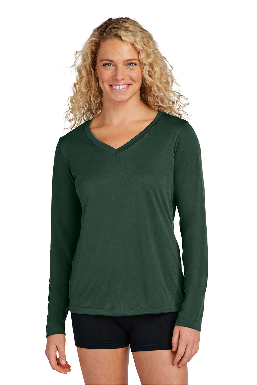 Sport-Tek LST353LS Womens Competitor Moisture Wicking Long Sleeve V-Neck T-Shirt Forest Green Model Front