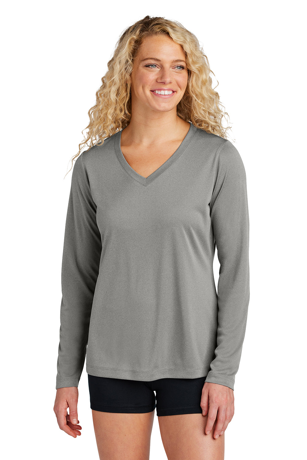 Sport-Tek LST353LS Womens Competitor Moisture Wicking Long Sleeve V-Neck T-Shirt Heather Concrete Grey Model Front