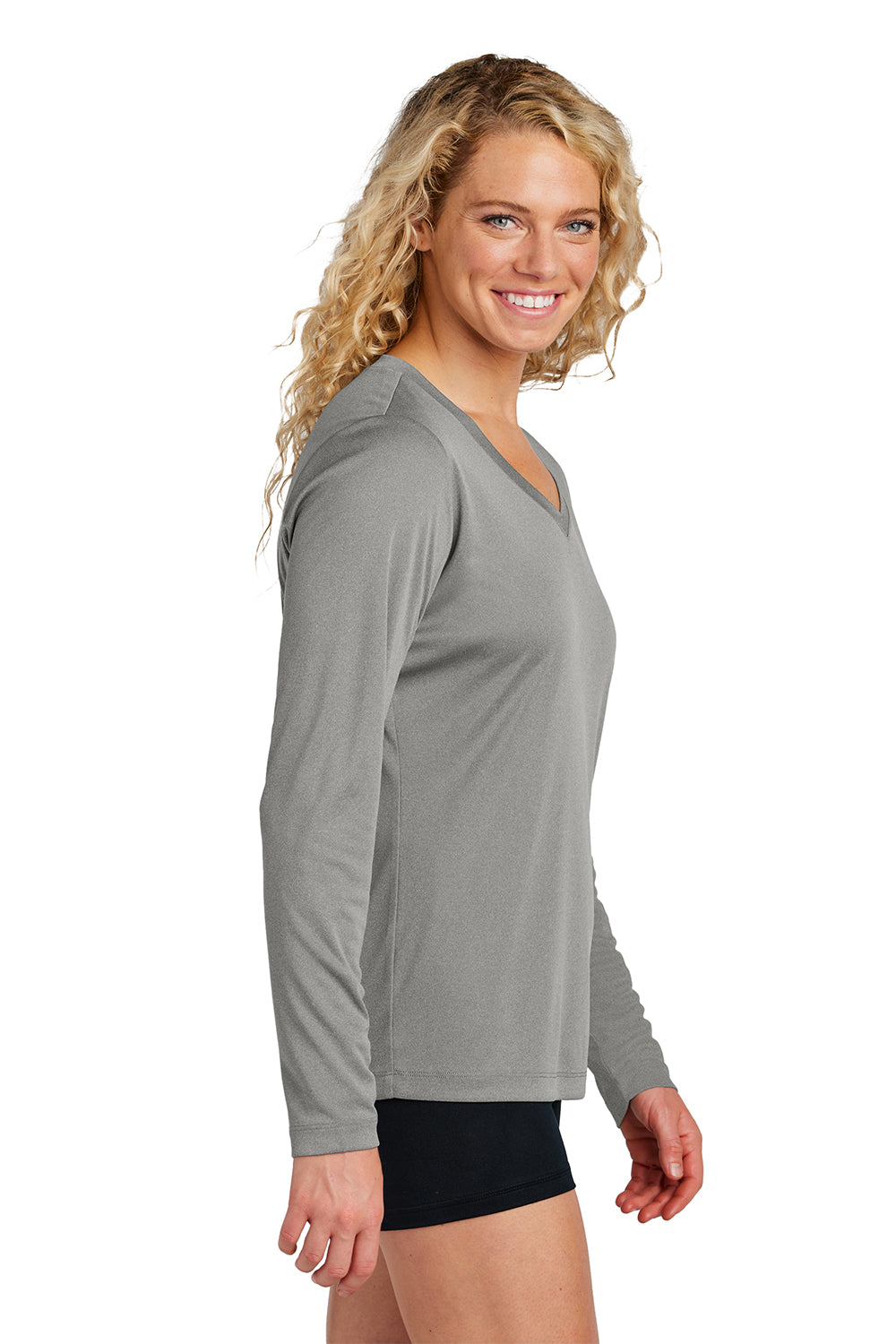 Sport-Tek LST353LS Womens Competitor Moisture Wicking Long Sleeve V-Neck T-Shirt Heather Concrete Grey Model Side