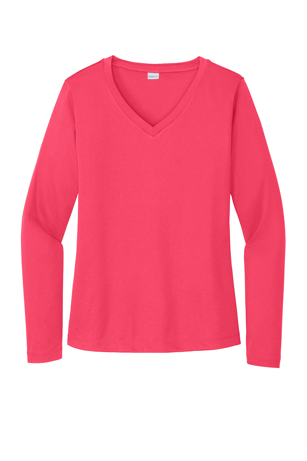 Sport-Tek LST353LS Womens Competitor Moisture Wicking Long Sleeve V-Neck T-Shirt Hot Coral Pink Flat Front