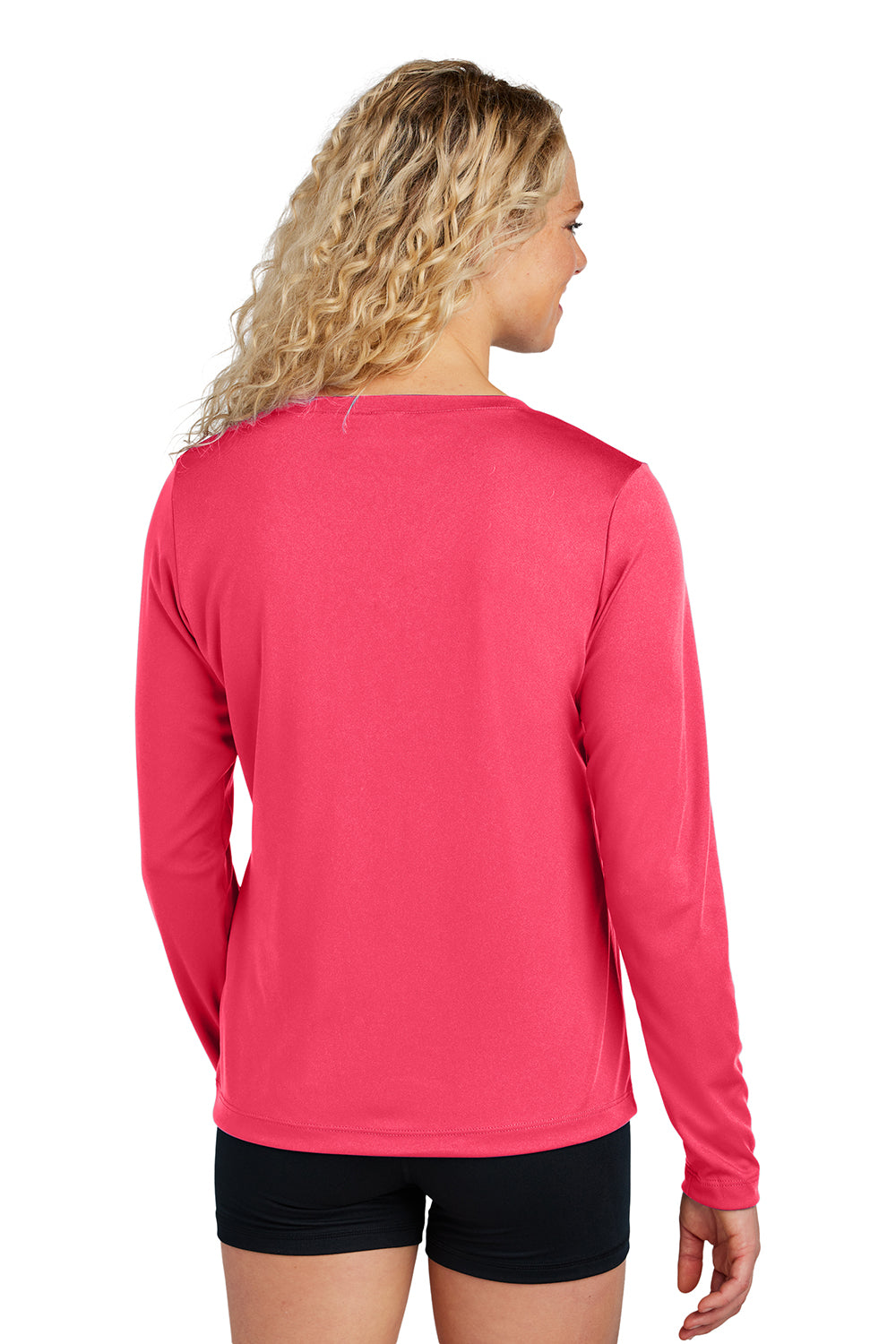 Sport-Tek LST353LS Womens Competitor Moisture Wicking Long Sleeve V-Neck T-Shirt Hot Coral Pink Model Back