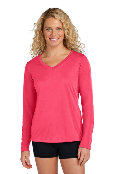 Sport-Tek LST353LS Womens Competitor Moisture Wicking Long Sleeve V-Neck T-Shirt Hot Coral Pink Model Front