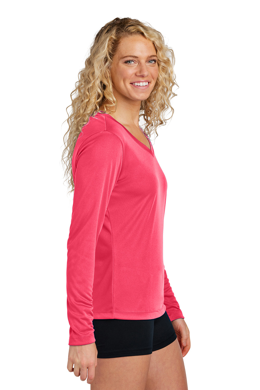 Sport-Tek LST353LS Womens Competitor Moisture Wicking Long Sleeve V-Neck T-Shirt Hot Coral Pink Model Side