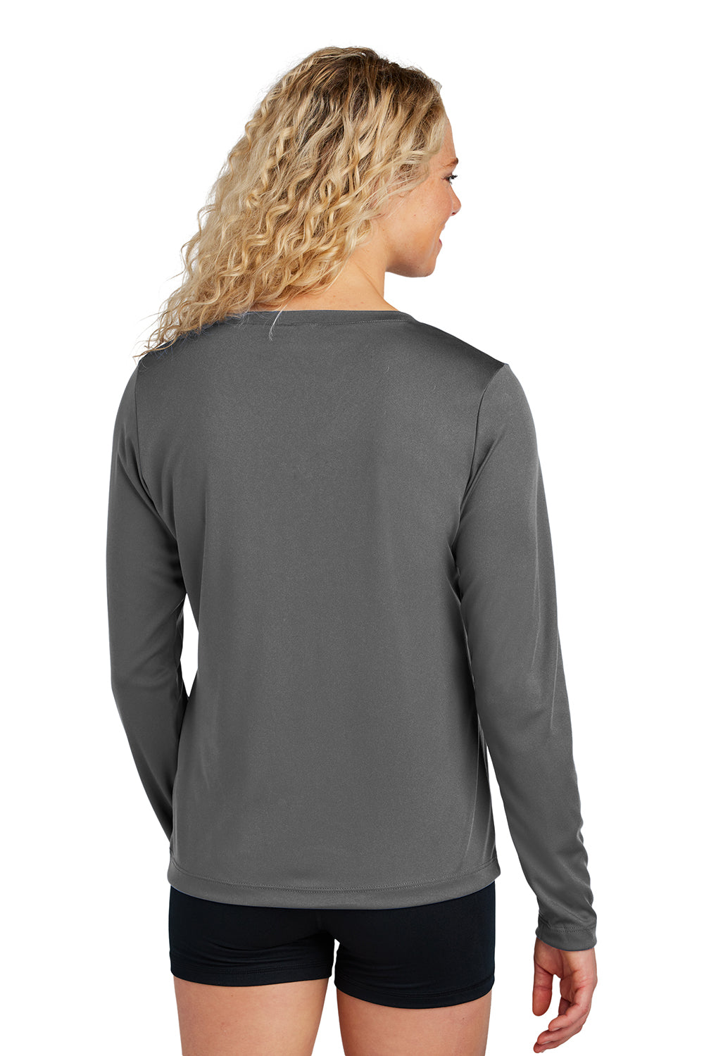 Sport-Tek LST353LS Womens Competitor Moisture Wicking Long Sleeve V-Neck T-Shirt Iron Grey Model Back