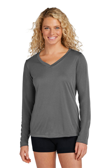 Sport-Tek LST353LS Womens Competitor Moisture Wicking Long Sleeve V-Neck T-Shirt Iron Grey Model Front