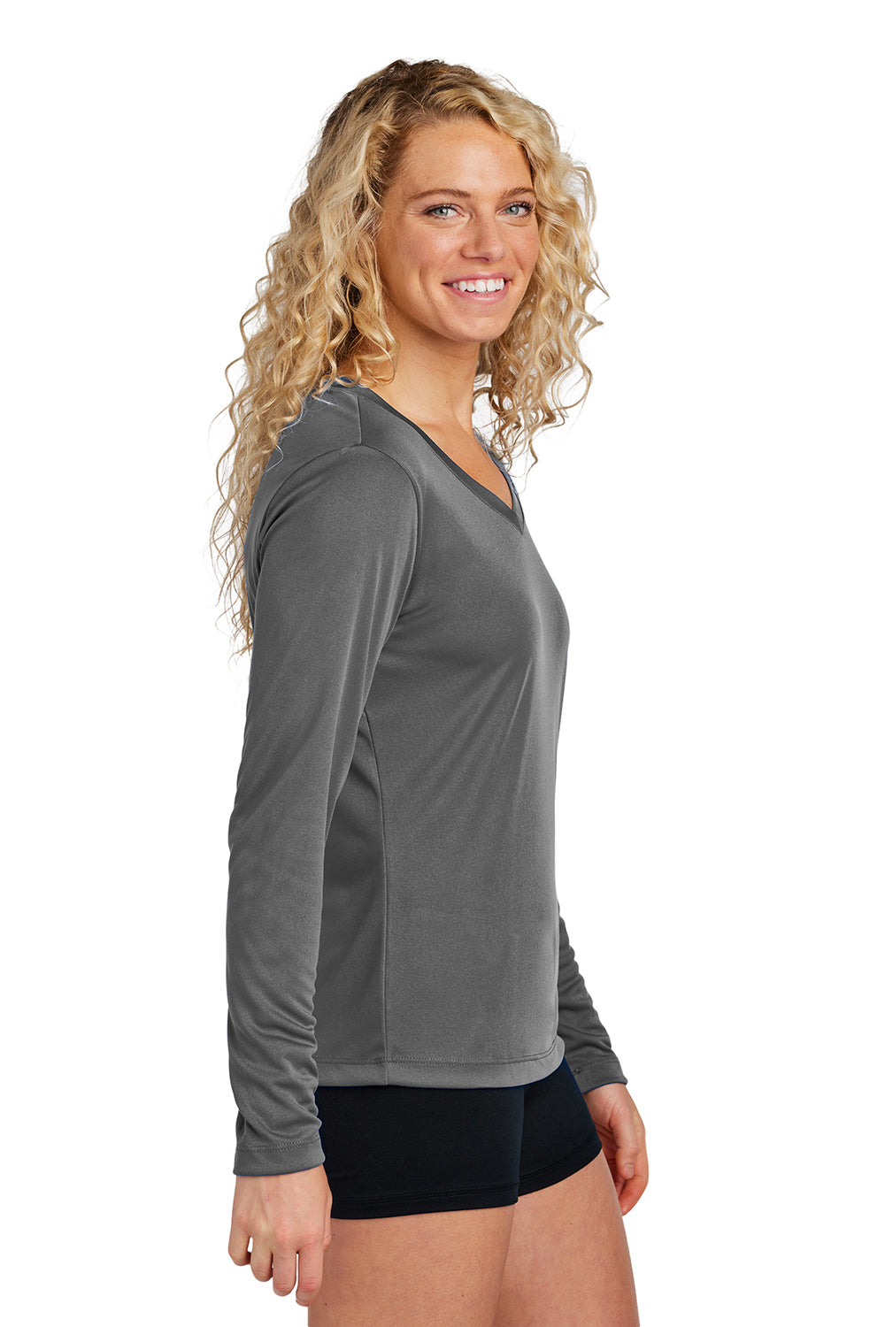 Sport-Tek LST353LS Womens Competitor Moisture Wicking Long Sleeve V-Neck T-Shirt Iron Grey Model Side