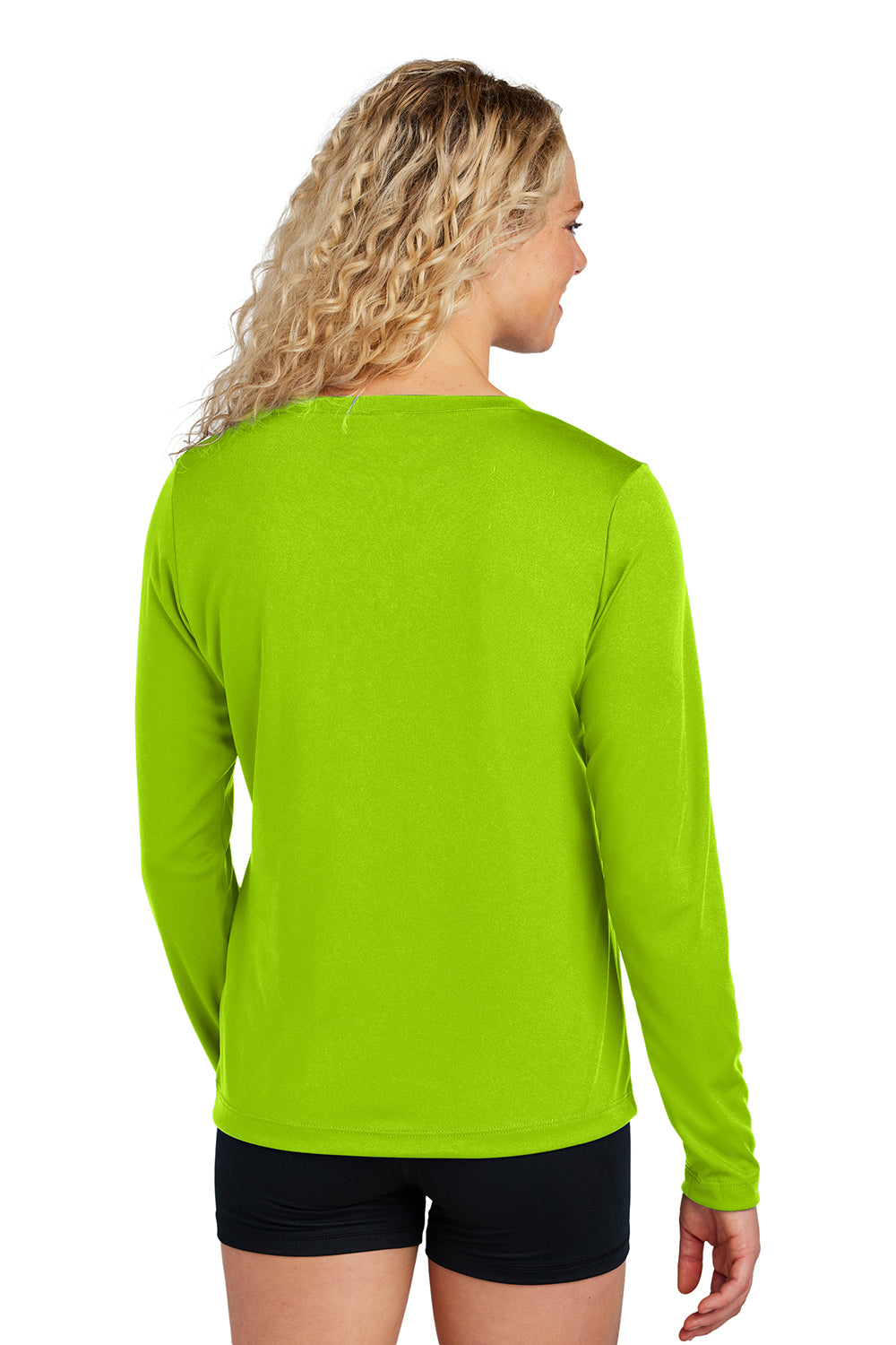 Sport-Tek LST353LS Womens Competitor Moisture Wicking Long Sleeve V-Neck T-Shirt Lime Shock Green Model Back