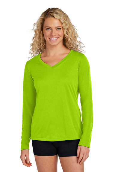 Sport-Tek LST353LS Womens Competitor Moisture Wicking Long Sleeve V-Neck T-Shirt Lime Shock Green Model Front