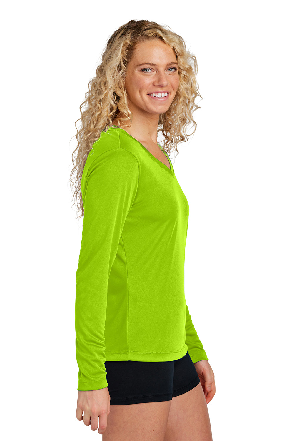 Sport-Tek LST353LS Womens Competitor Moisture Wicking Long Sleeve V-Neck T-Shirt Lime Shock Green Model Side