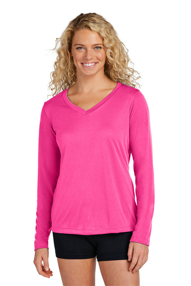 Sport-Tek LST353LS Womens Competitor Moisture Wicking Long Sleeve V-Neck T-Shirt Neon Pink Model Front