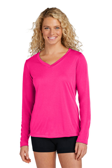 Sport-Tek LST353LS Womens Competitor Moisture Wicking Long Sleeve V-Neck T-Shirt Raspberry Pink Model Front