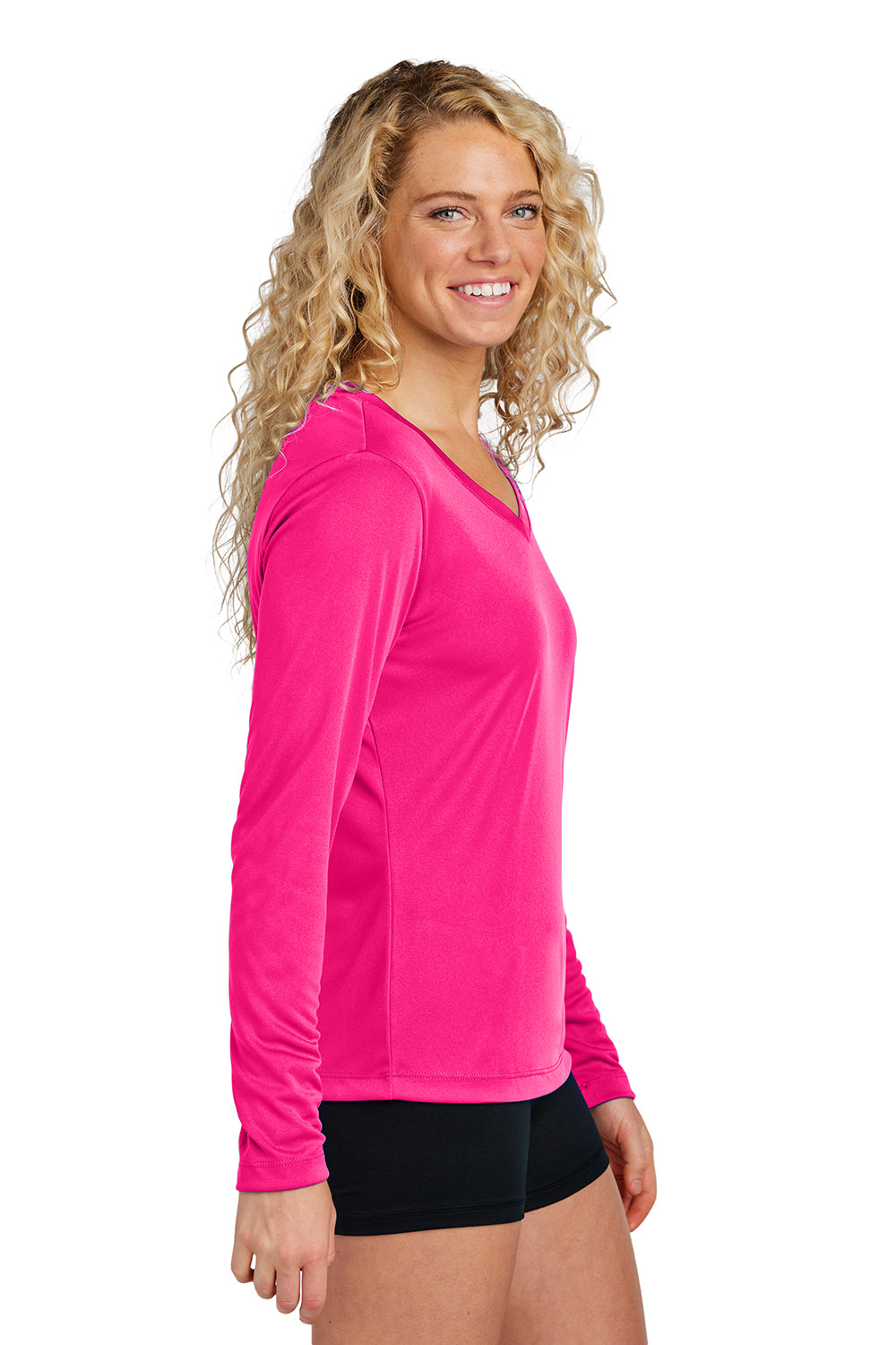 Sport-Tek LST353LS Womens Competitor Moisture Wicking Long Sleeve V-Neck T-Shirt Raspberry Pink Model Side