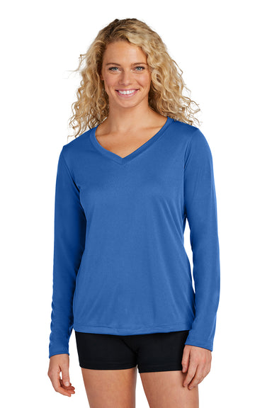 Sport-Tek LST353LS Womens Competitor Moisture Wicking Long Sleeve V-Neck T-Shirt True Royal Blue Model Front