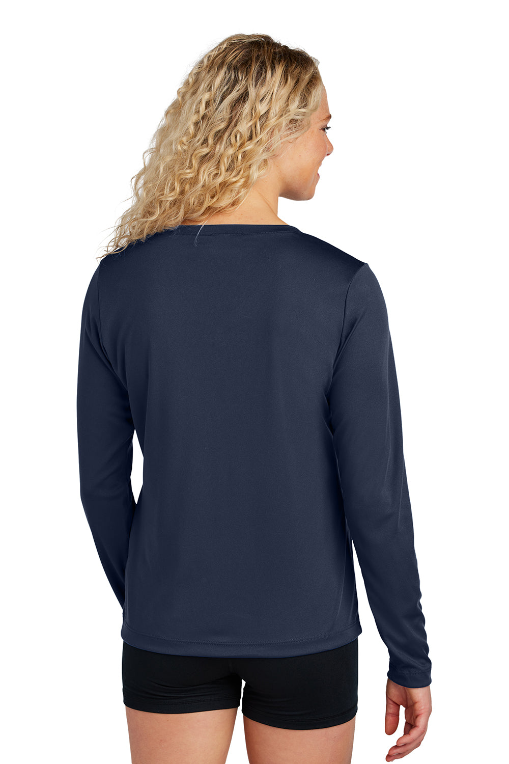 Sport-Tek LST353LS Womens Competitor Moisture Wicking Long Sleeve V-Neck T-Shirt True Navy Blue Model Back