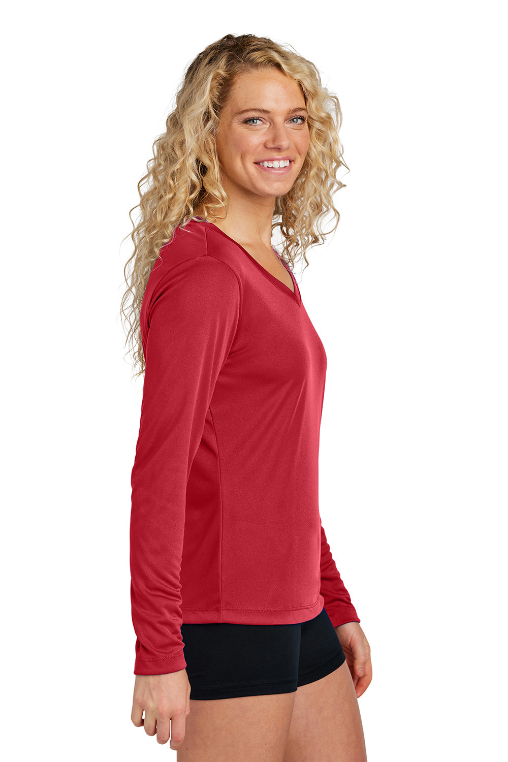 Sport-Tek LST353LS Womens Competitor Moisture Wicking Long Sleeve V-Neck T-Shirt True Red Model Side