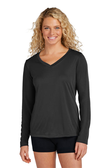 Sport-Tek LST353LS Womens Competitor Moisture Wicking Long Sleeve V-Neck T-Shirt Black Model Front