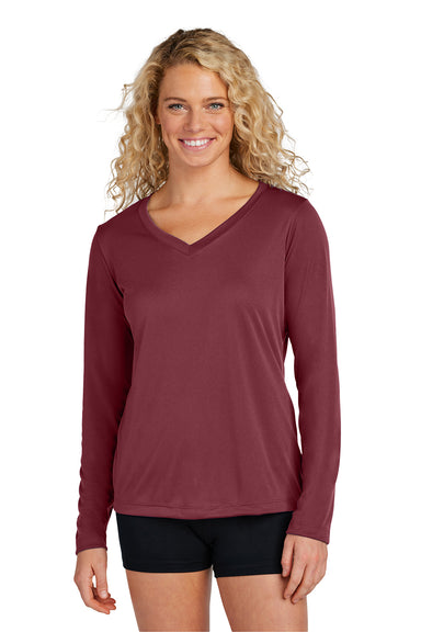 Sport-Tek LST353LS Womens Competitor Moisture Wicking Long Sleeve V-Neck T-Shirt Maroon Model Front