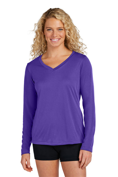 Sport-Tek LST353LS Womens Competitor Moisture Wicking Long Sleeve V-Neck T-Shirt Purple Model Front