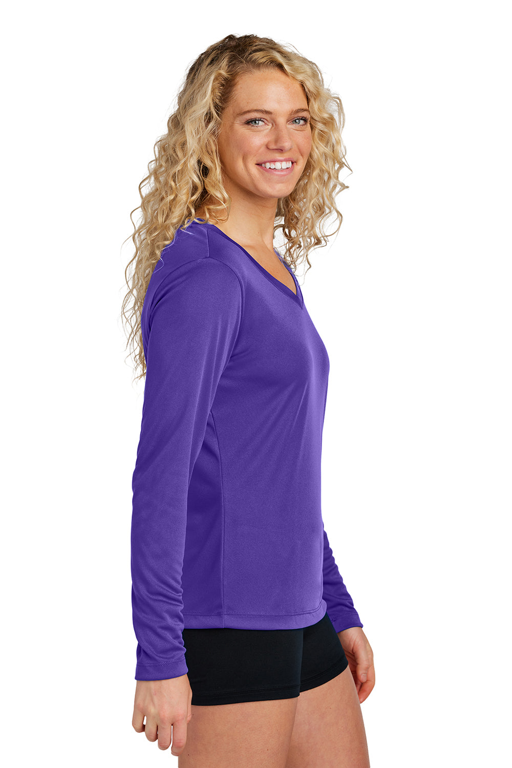 Sport-Tek LST353LS Womens Competitor Moisture Wicking Long Sleeve V-Neck T-Shirt Purple Model Side