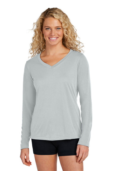 Sport-Tek LST353LS Womens Competitor Moisture Wicking Long Sleeve V-Neck T-Shirt Silver Grey Model Front