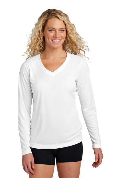 Sport-Tek LST353LS Womens Competitor Moisture Wicking Long Sleeve V-Neck T-Shirt White Model Front