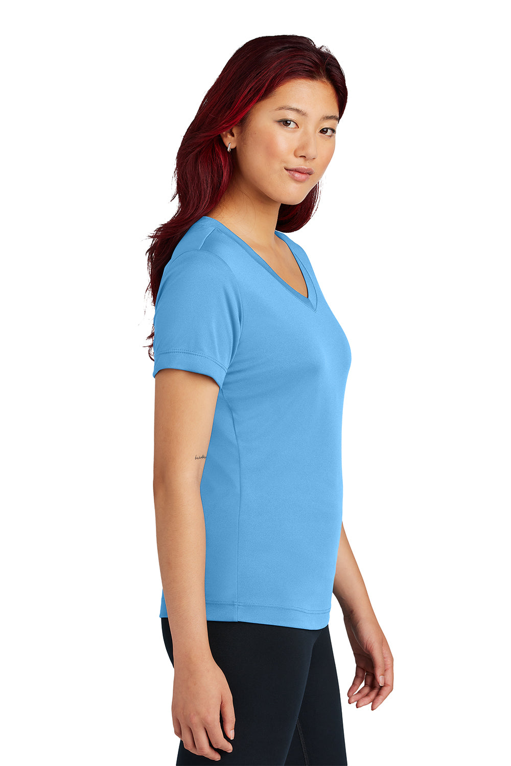 Sport-Tek LST353 Womens Competitor Moisture Wicking Short Sleeve V-Neck T-Shirt Carolina Blue Model Side