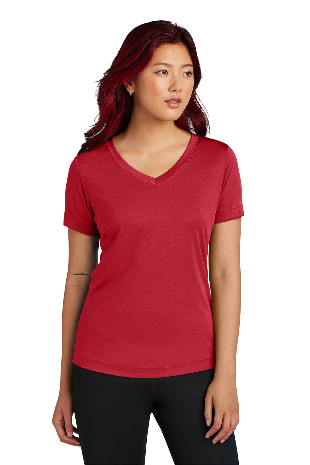 Sport-Tek LST353 Womens Competitor Moisture Wicking Short Sleeve V-Neck T-Shirt Deep Red Model Front