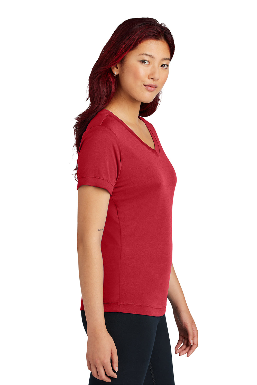 Sport-Tek LST353 Womens Competitor Moisture Wicking Short Sleeve V-Neck T-Shirt Deep Red Model Side