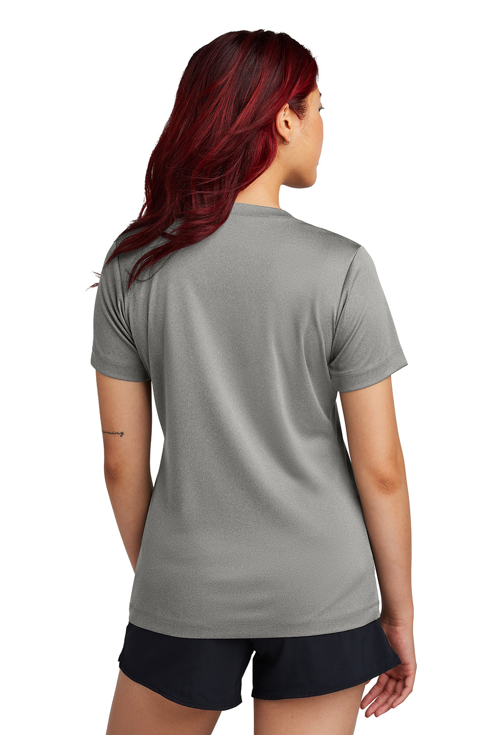 Sport-Tek LST353 Womens Competitor Moisture Wicking Short Sleeve V-Neck T-Shirt Heather Concrete Grey Model Back