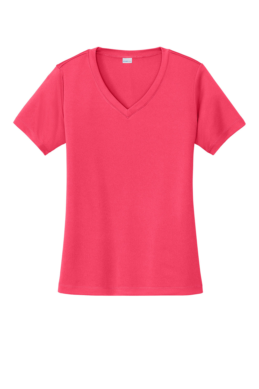 Sport-Tek LST353 Womens Competitor Moisture Wicking Short Sleeve V-Neck T-Shirt Hot Coral Pink Flat Front