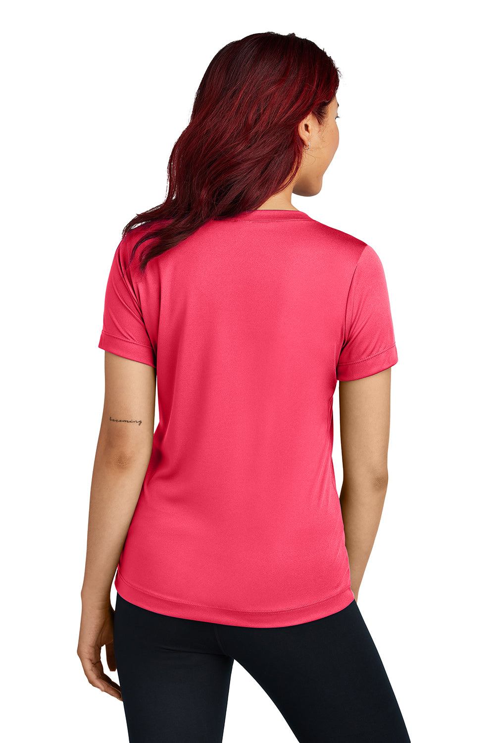 Sport-Tek LST353 Womens Competitor Moisture Wicking Short Sleeve V-Neck T-Shirt Hot Coral Pink Model Back