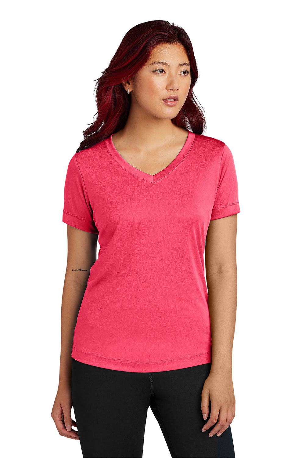 Sport-Tek LST353 Womens Competitor Moisture Wicking Short Sleeve V-Neck T-Shirt Hot Coral Pink Model Front