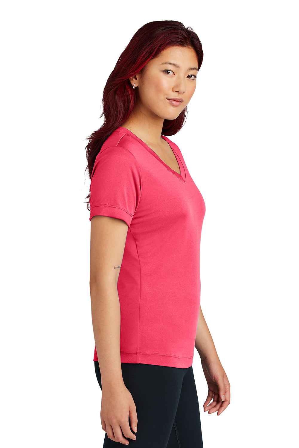 Sport-Tek LST353 Womens Competitor Moisture Wicking Short Sleeve V-Neck T-Shirt Hot Coral Pink Model Side