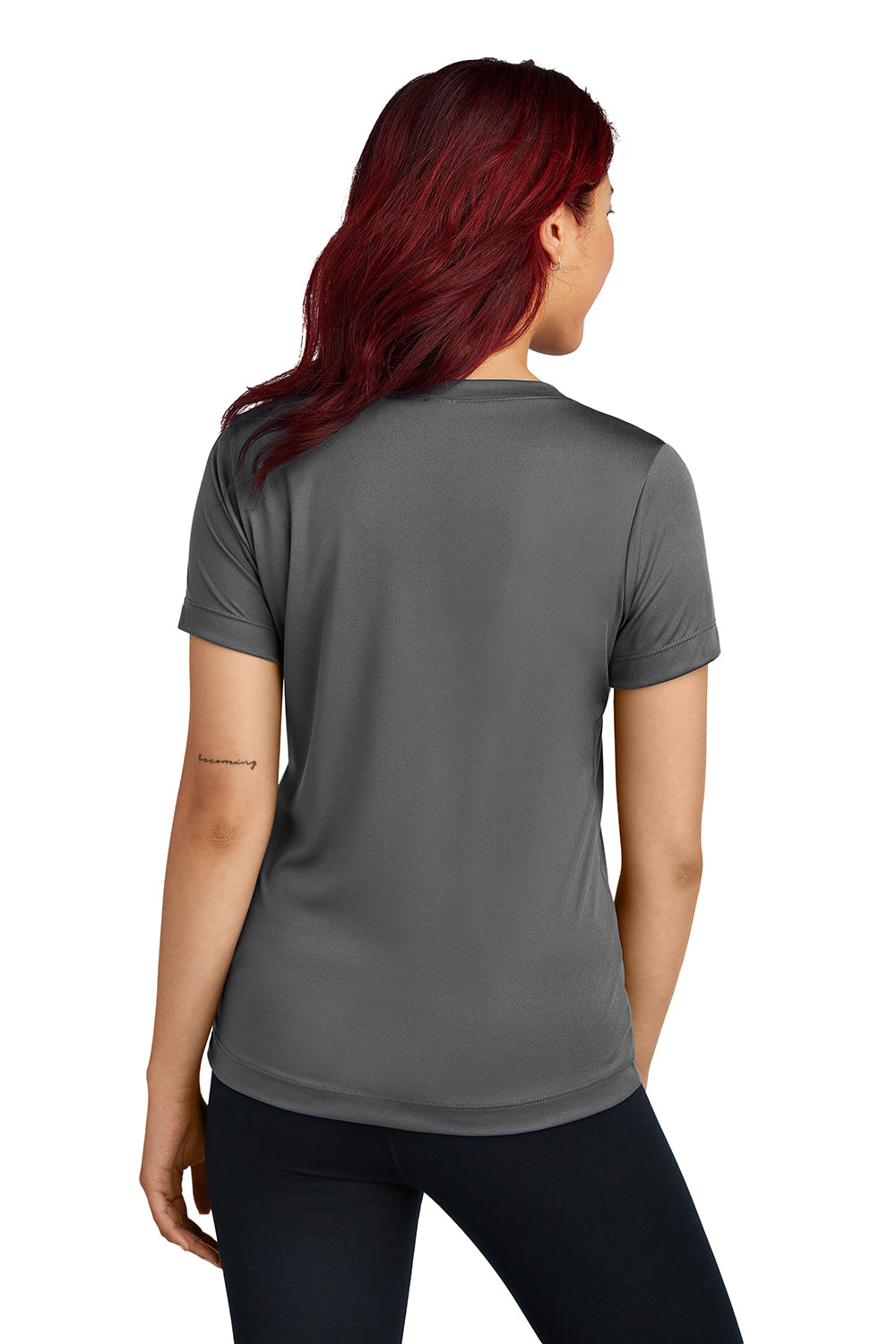 Sport-Tek LST353 Womens Competitor Moisture Wicking Short Sleeve V-Neck T-Shirt Iron Grey Model Back