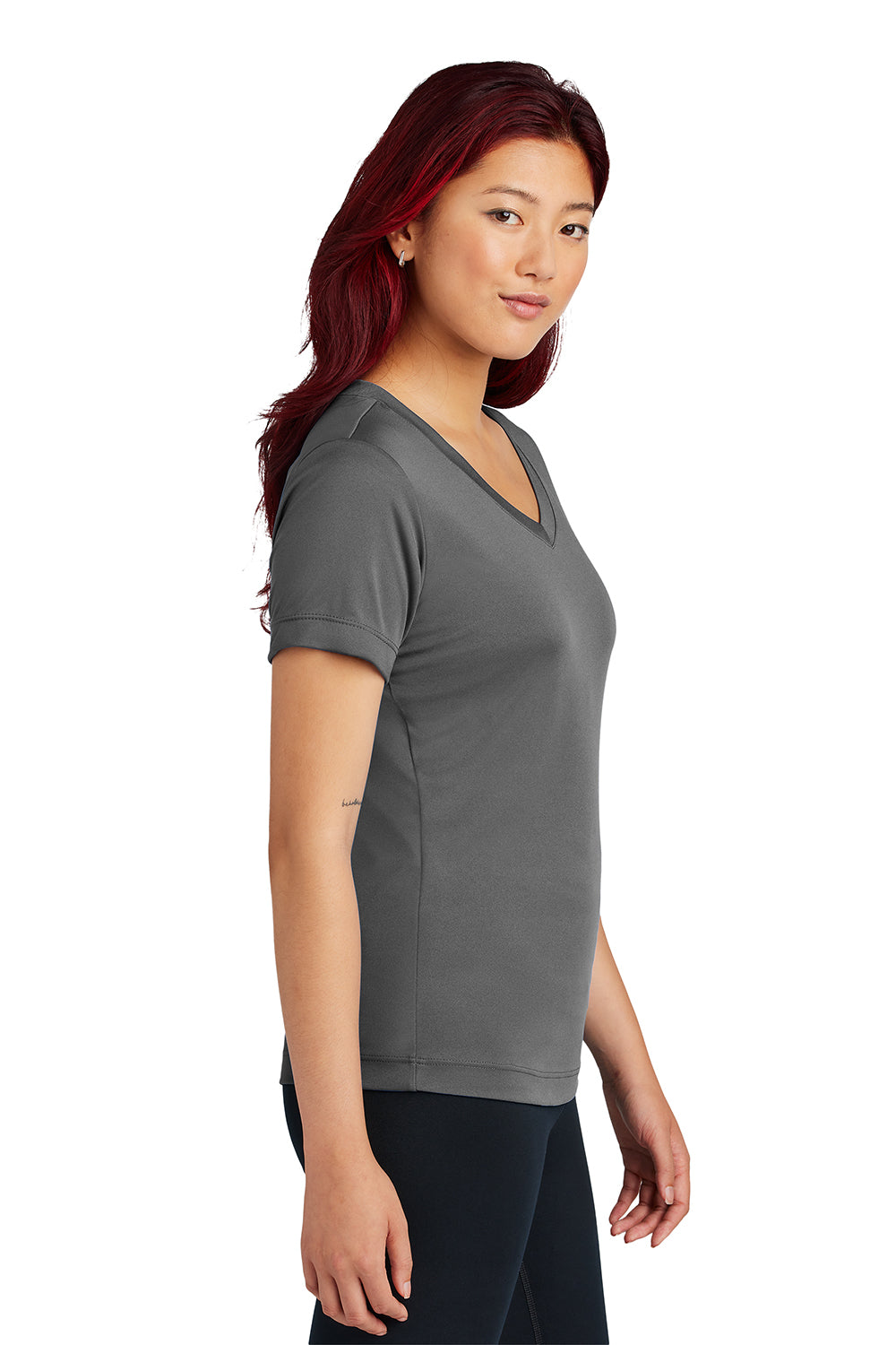 Sport-Tek LST353 Womens Competitor Moisture Wicking Short Sleeve V-Neck T-Shirt Iron Grey Model Side